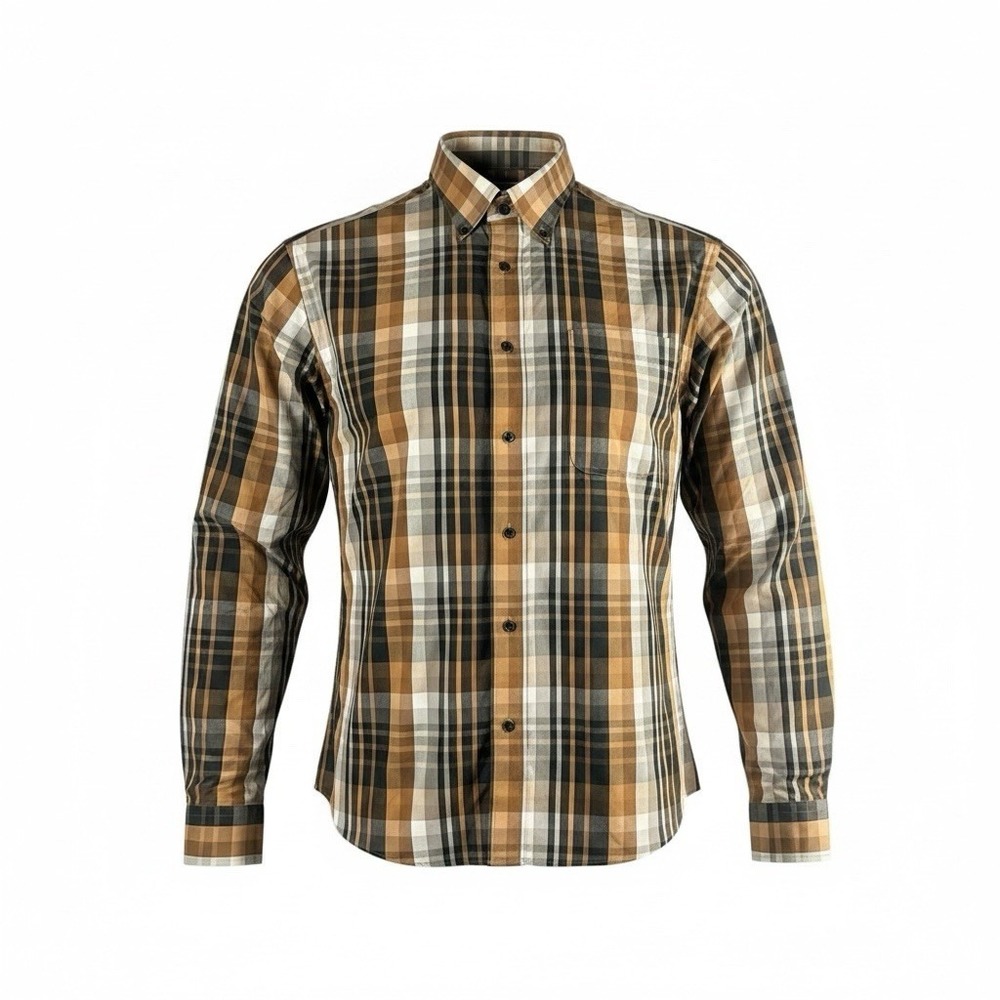 ENRO Dress Shirt Mens L Brown Plaid Non Iron Button Front Long Sleeve